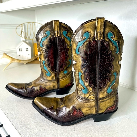 Smoky Mountain Boots Shoes - Smoky Mountain Western Boots | Distressed Gold Leather w/ Turquoise Inlay 7.5